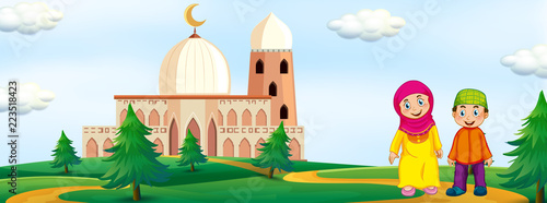 Muslim kids with mosque background