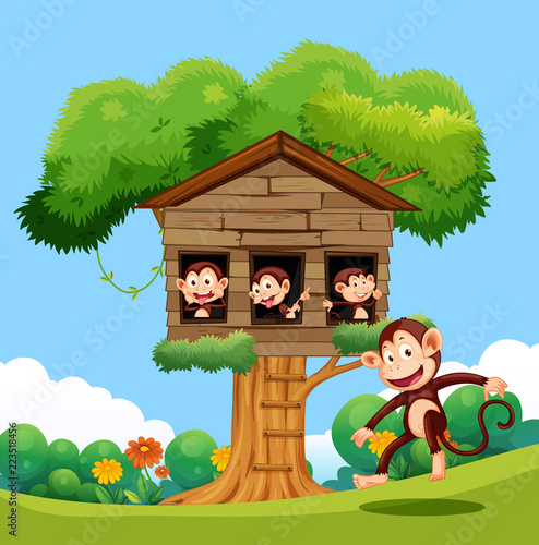 Monkey playing at treehouse