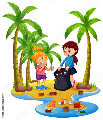 Volunteer children collecting trash on island