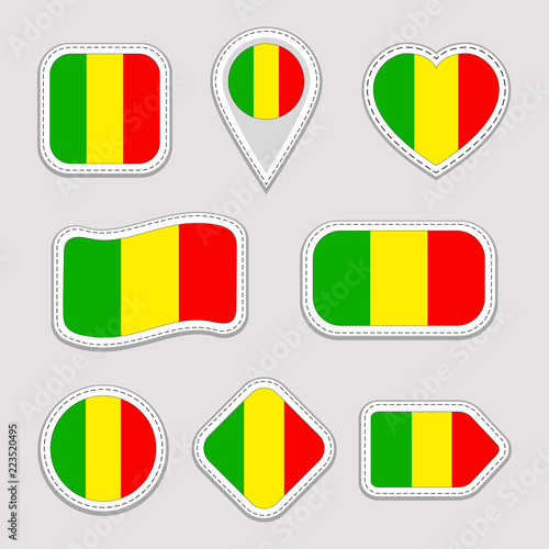 Free Download Mali flag vector set. Malian flags stickers collection. Isolated geometric icons. National symbols badges. Web, sport page, patriotic, travel, school, design elements. Different shapes - GFXLoad