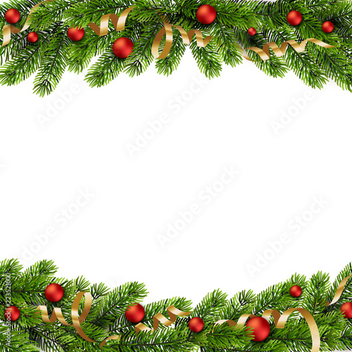Christmas green Pine Branches and red baubles
