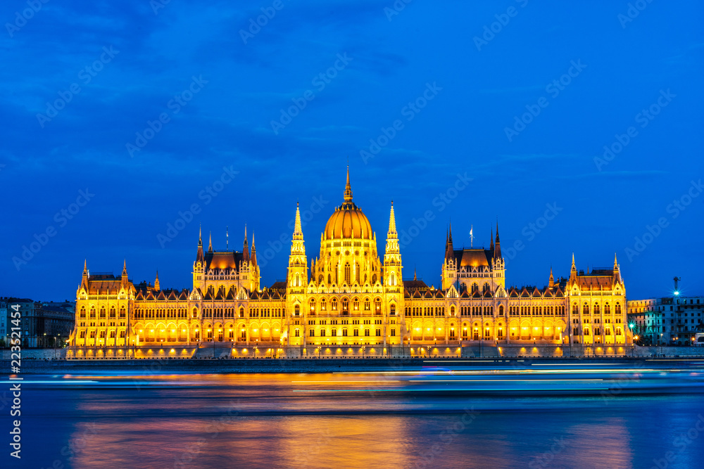 Beautiful, night view of the Hungarian parliament building in Budapest