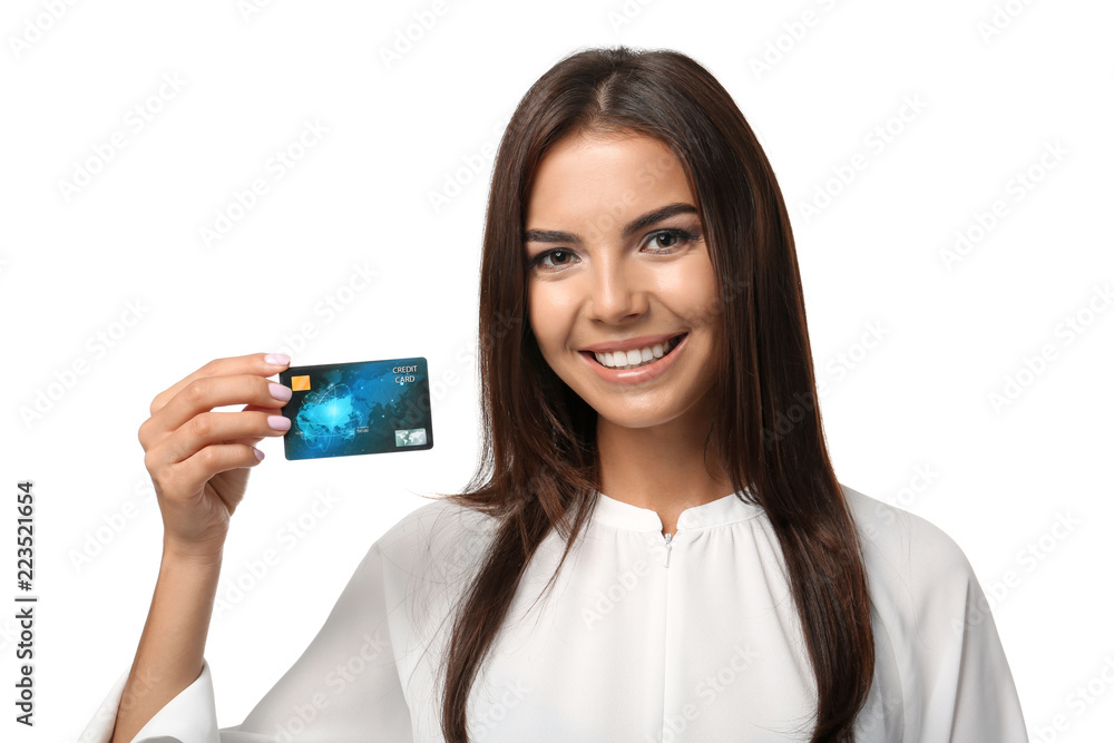 Young woman with credit card on white background. Online shopping Young woman with credit card on white background. Online shopping