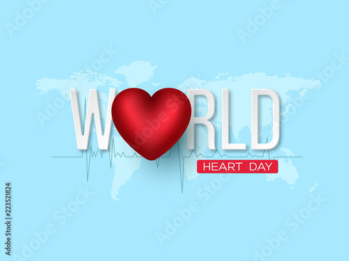 World heart day concept. 3d red heart with white letters on blue map background. Vector illustration.