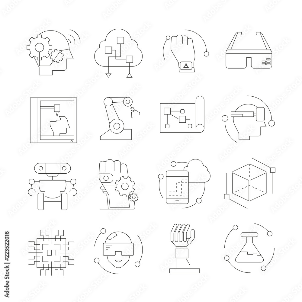 robotics and artificial intelligence icons, thin line robotics and artificial intelligence icons, thin line