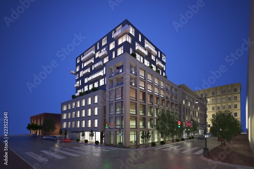 3d render of building exterior at night