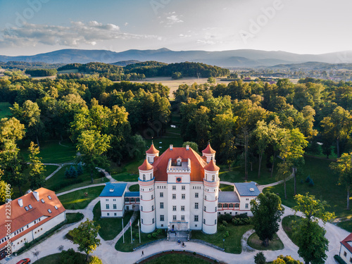 A beautiful view from a drone on a palace in Wojanów, Poland