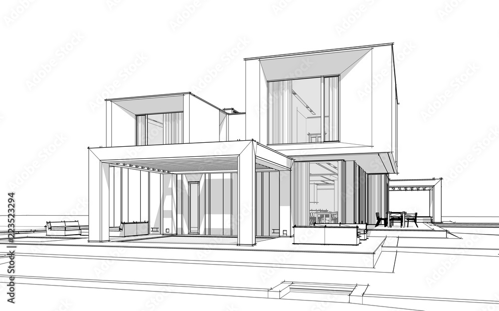 3d rendering sketch of modern cozy house by the river with garage for sale or rent. Black line sketch with soft light shadows on white background 3d rendering sketch of modern cozy house by the river with garage for sale or rent. Black line sketch with soft light shadows on white background