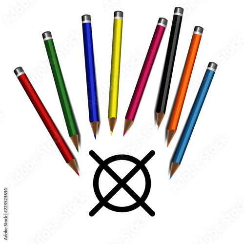 Farbstifte und Kreuz, Symbol für Wahlen