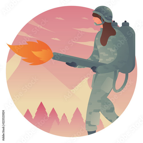 Army woman with flame thrower