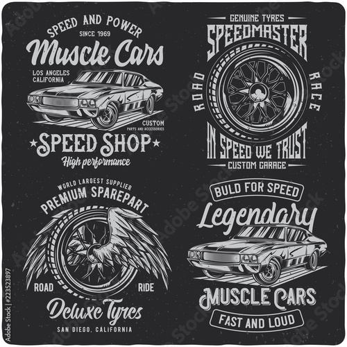 Vintage labels set with lettering composition on dark background. T-shirt design. photo