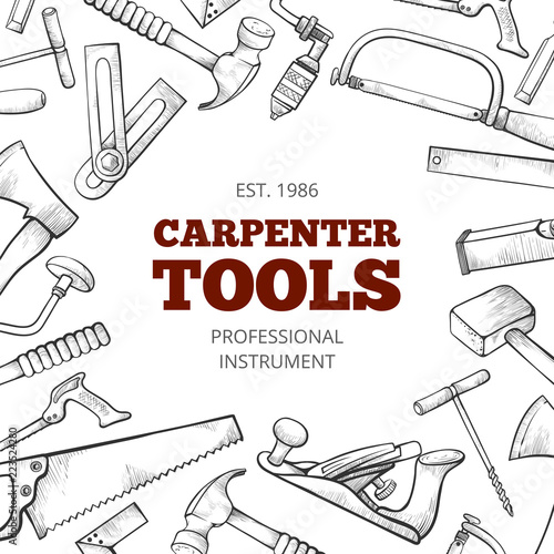 Carpenter hand tools and professional instruments set frame
