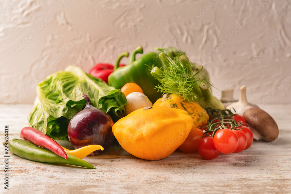 Various fresh vegetables on wooden table Various fresh vegetables on wooden table