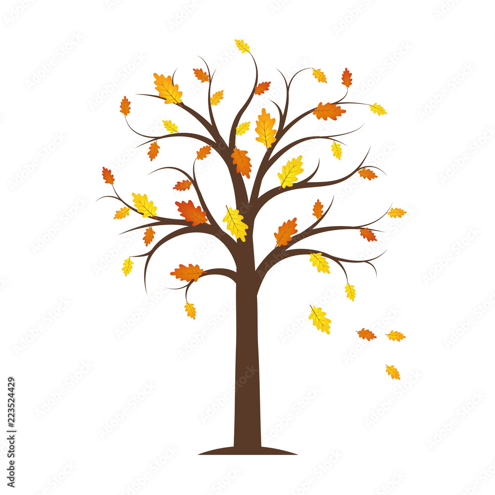 autumn tree with yellow and orange fallen leaves isolated on a white background