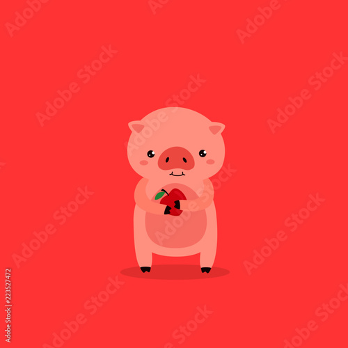 Cartoon pig with an apple.