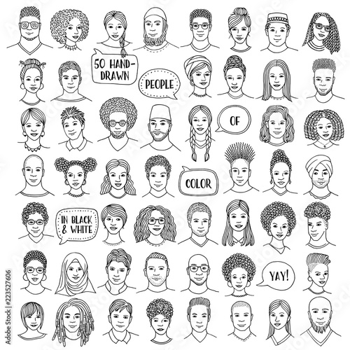 Set of fifty hand drawn diverse faces, black and white portraits of people of color, men and women of African, Asian, Arab and Latin American descent