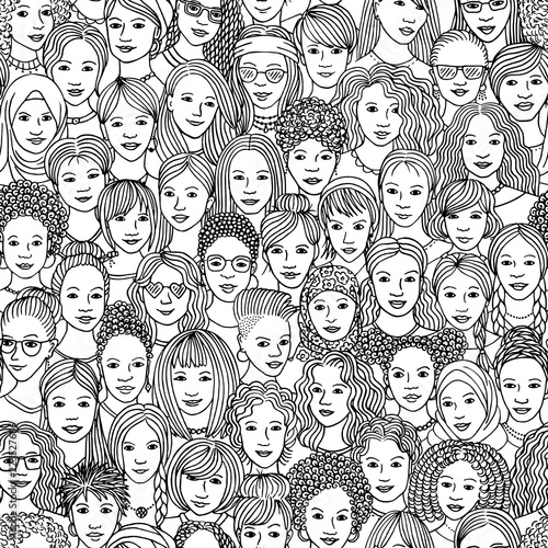 Women - hand drawn seamless pattern of a crowd of different women from diverse ethnic backgrounds in black and white