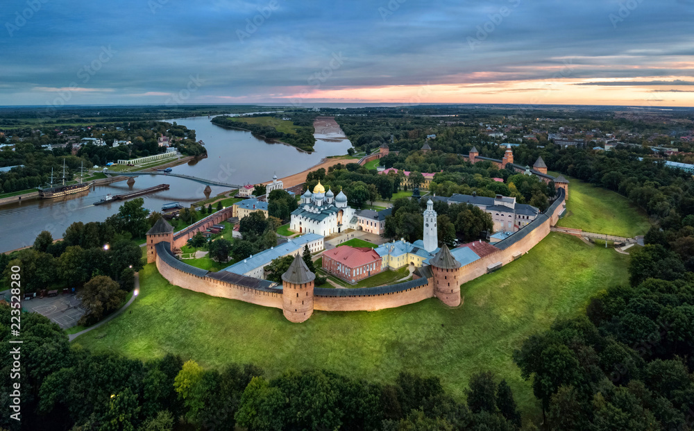 Aerial view of Veliky Novgorod kremlin at dusk, Russia - obrazy, fototapety, plakaty 