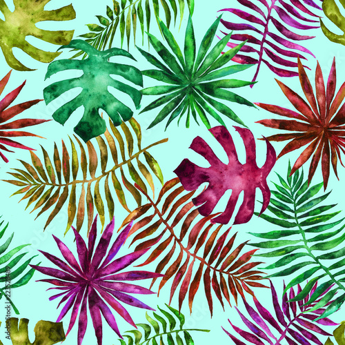 Seamless pattern with leaves and brunches of tropical plants and trees. Palms, monstera