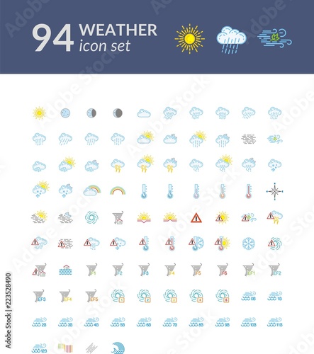 Modern weather icons set. Flat, outline vector symbols on light background. (ID: 223528490)