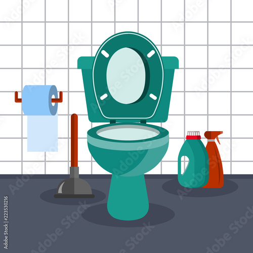 Bathroom interior with toilet bowl and toilet paper. Flat vector illustration.