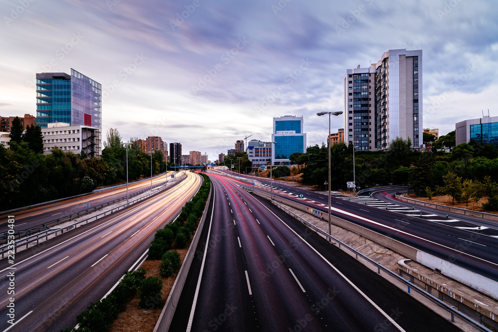 M30 motorway in Madrid at sunset, long exposure M30 motorway in Madrid at sunset, long exposure