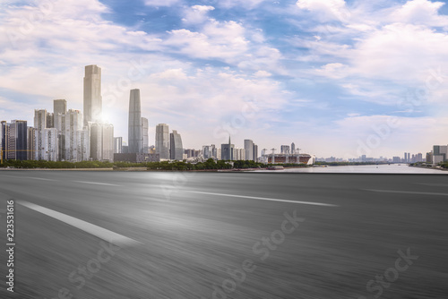 Road pavement and Guangzhou city buildings skyline