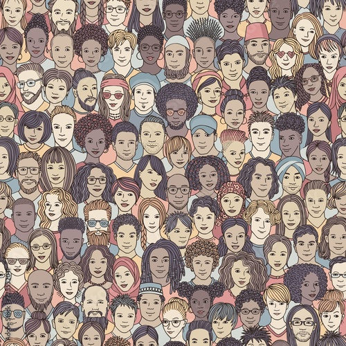 Diverse crowd of people - seamless pattern of 100 hand drawn faces of various ethnicities