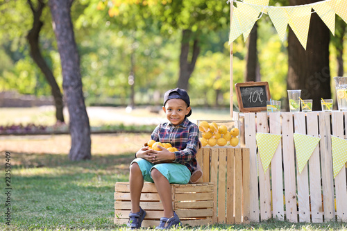 Little African-American boy holding bowl with ripe lemons near stand in park