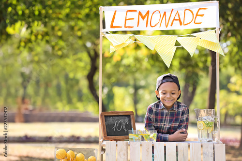 Obraz na plátne Little African-American boy at lemonade stand in park