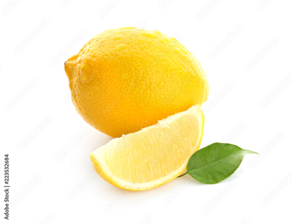 Ripe lemon and slice on white background Ripe lemon and slice on white background