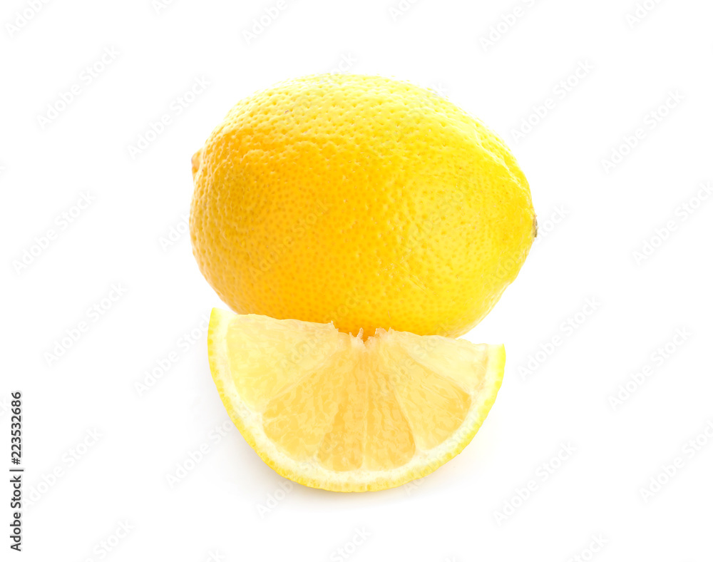 Ripe lemon and slice on white background Ripe lemon and slice on white background
