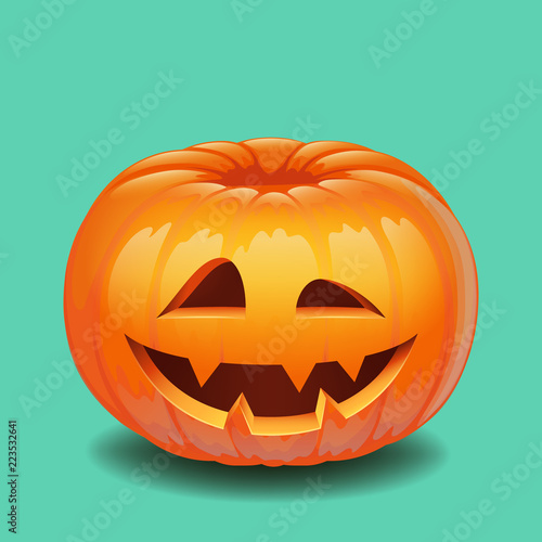 Halloween pumpkin face - creepy smile Jack o lantern, autumn holidays banner. Jack o lantern icon emotion. Vector illustration. © MarySan