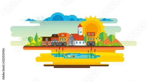 Abstract vector design of town with churcg on a meadow. Summer rural landscape.