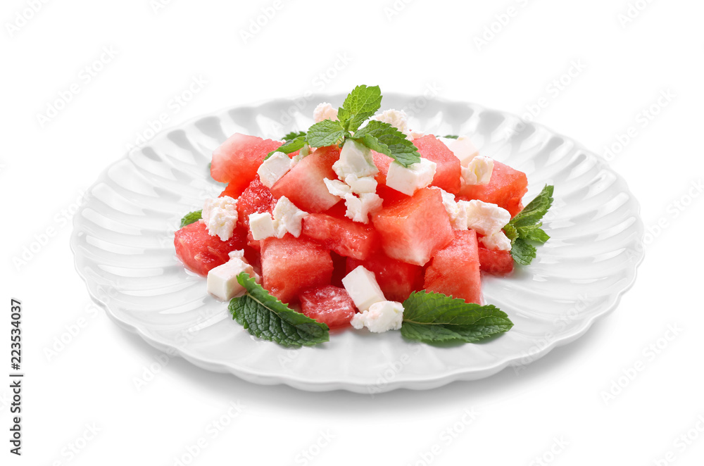 Plate with delicious watermelon salad on white background Plate with delicious watermelon salad on white background