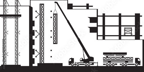 Mobile crane mounting scaffolding on new building - vector illustration