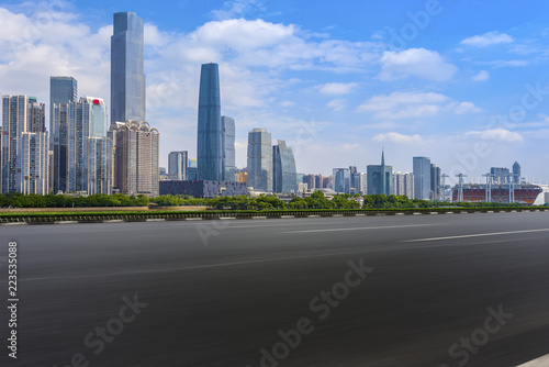 Road pavement and Guangzhou city buildings skyline