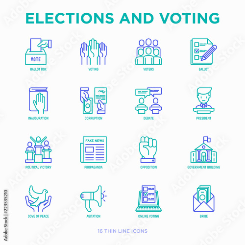 Election and voting thin line icons set: voters, ballot box, inauguration, corruption, debate, president, political victory, propaganda, bribe, agitation. Modern vector illustration.