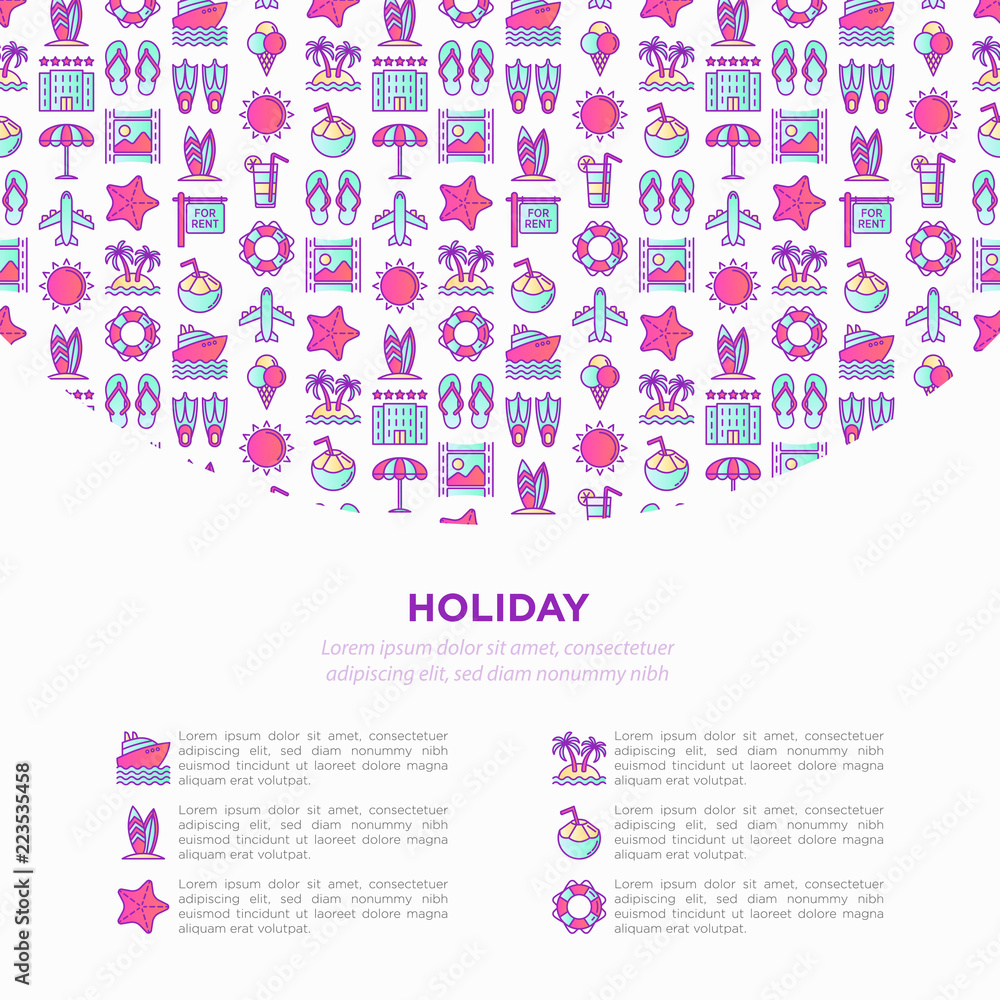 Holiday concept with thin line icons: sun, yacht, ice cream, surfing, hotel, beach umbrella, island, coconut drink, airplane, starfish, photo, lifebuoy. Vector illustration for banner, print media. Holiday concept with thin line icons: sun, yacht, ice cream, surfing, hotel, beach umbrella, island, coconut drink, airplane, starfish, photo, lifebuoy. Vector illustration for banner, print media.