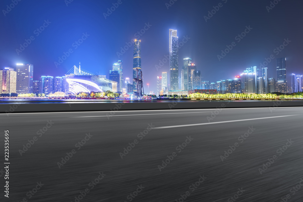 Road pavement and Guangzhou city buildings skyline