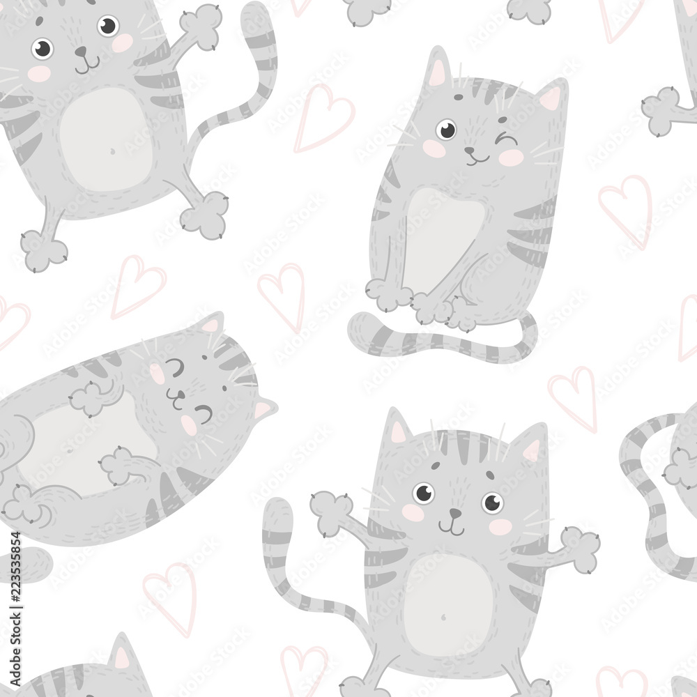 Seamless pattern with cute cats. Hand drawn.