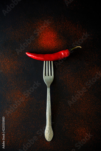 Raw ripe red chili pepper on fork with pepper peas and powder lying on dark wooden background. Top view. Flat lay