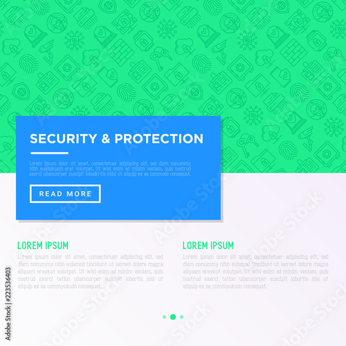 Security and protection concept with thin line icons: mobile security, fingerprint, badge, firewall, face ID, secure folder, surveillance camera, shredder. Vector illustration, print media template.