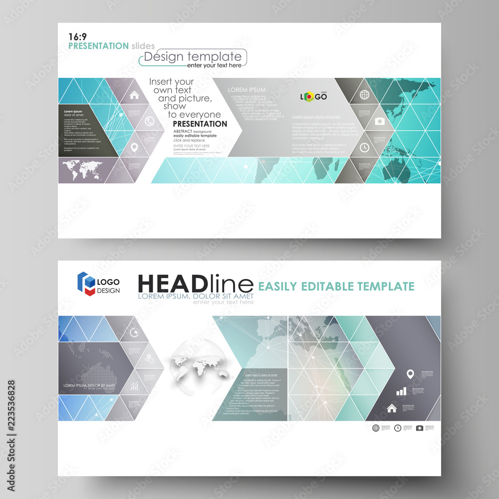 The minimalistic abstract vector illustration of the editable layout of high definition presentation slides design business templates. Molecule structure, connecting lines and dots. Technology concept