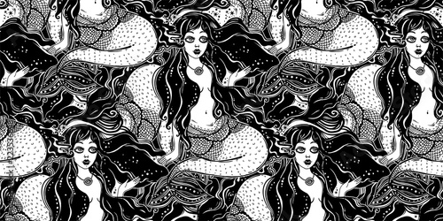 Ocean mermaid girl long hair seamless pattern.