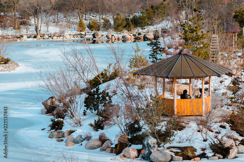 Looking over  a gazebo in the japanese garden in the Frederik Meijer gardens during winter