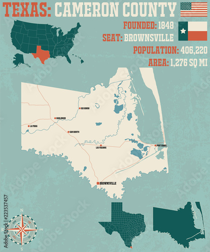 Detailed map of Cameron county in Texas, USA