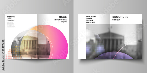 The vector layout of two A4 format cover mockups design templates for bifold brochure, magazine, flyer, booklet, annual report. Creative modern bright background with colorful circles and round shapes