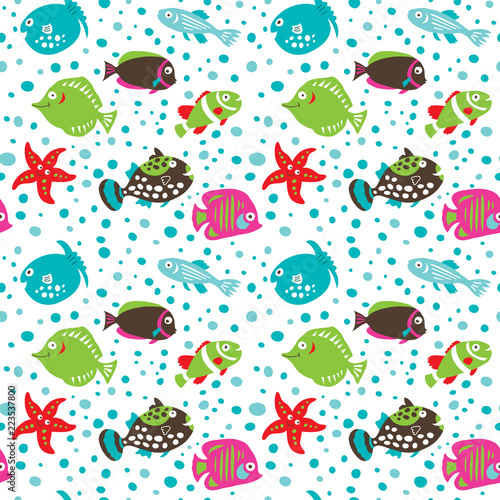 Seamless pattern with coral fish on a  white background