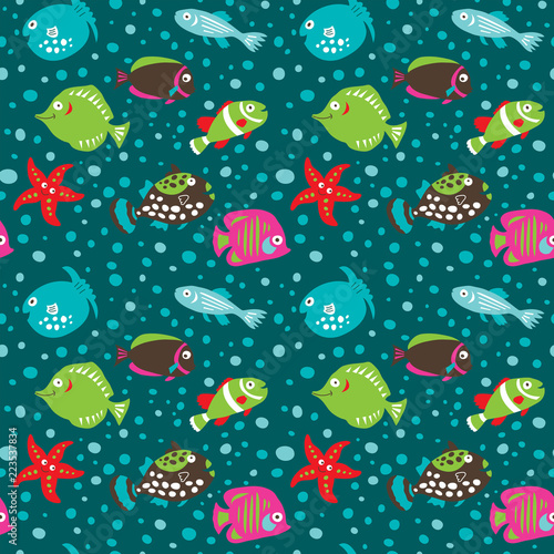 Seamless pattern with tropical fish on a dark background
